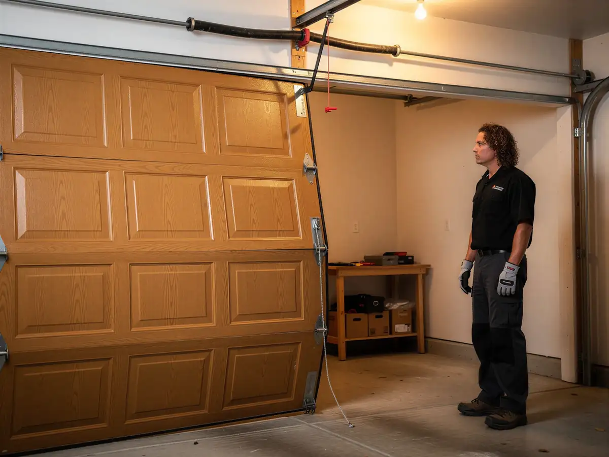 A technician stands next to a broken wooden garage door with a detached cable.