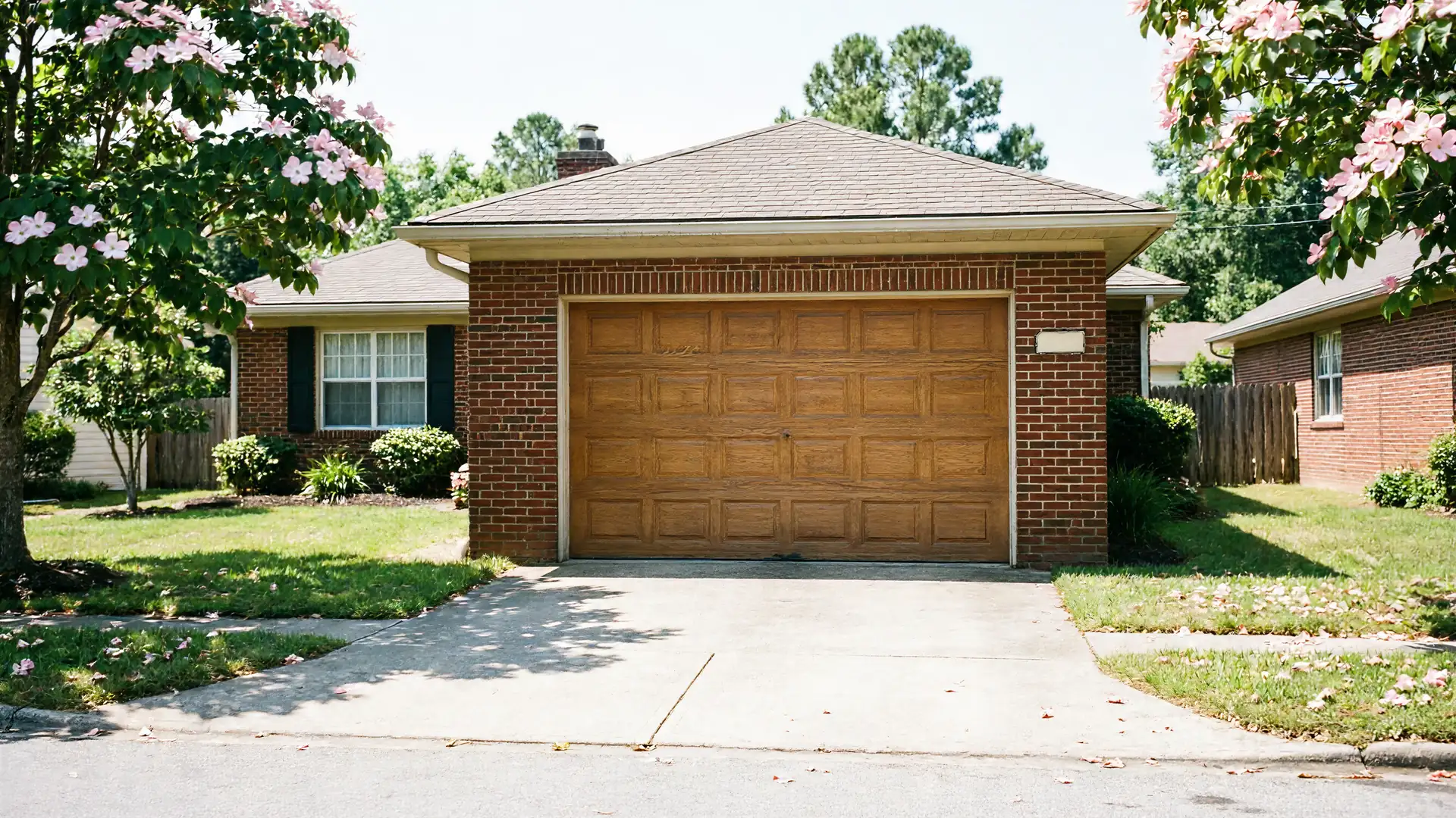 A brown paneled garage door is on a brick house with a green lawn.