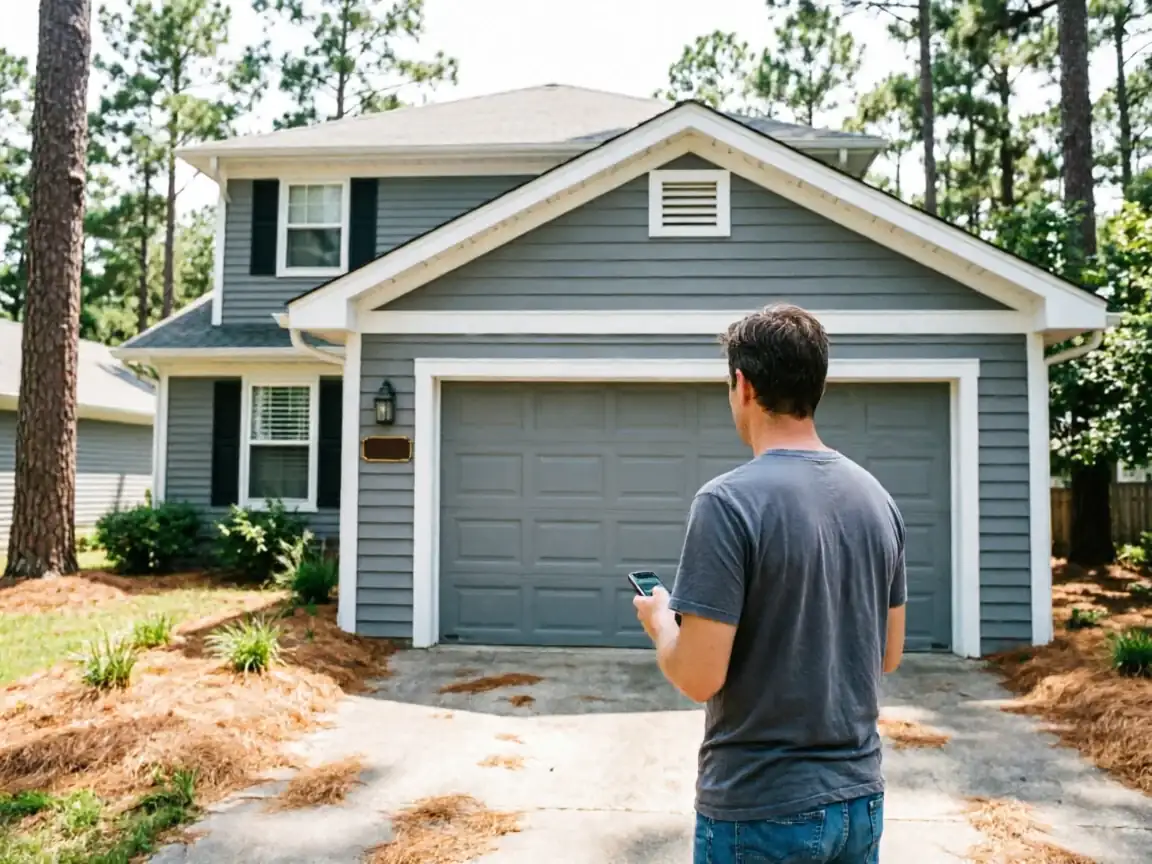 A man stands in a driveway holding a phone, facing a gray garage door.