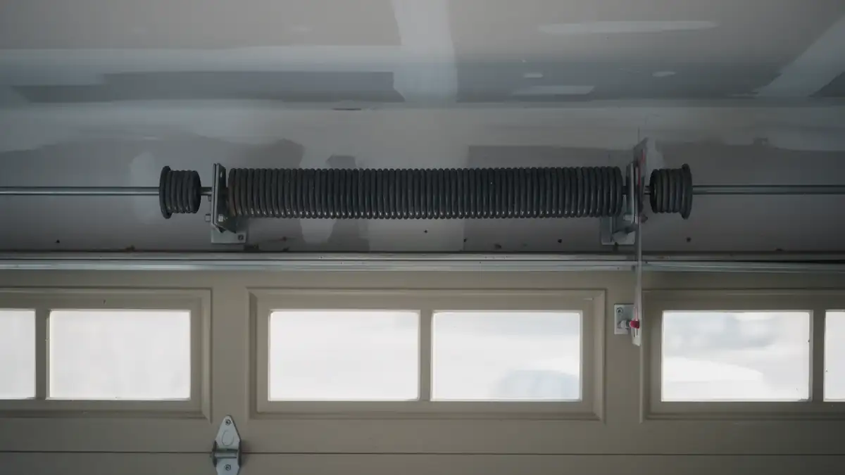 A torsion spring is mounted above a closed garage door with windows.